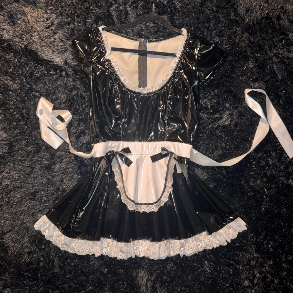 Black PVC Lace-Trim Maid Chemise with White Apron